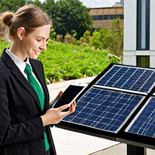 **

A person successfully navigating a career transition towards sustainability. The visual should show a confident individual, perhaps holding a tablet displaying green energy data, with a background subtly merging traditional office settings with elements of nature (solar panels on a building, a rooftop garden). The overall feeling should be positive and empowering, emphasizing the opportunity in sustainable careers. Consider keywords like: "career change," "sustainable development," "transferable skills," "empowerment," "eco-friendly business."

**