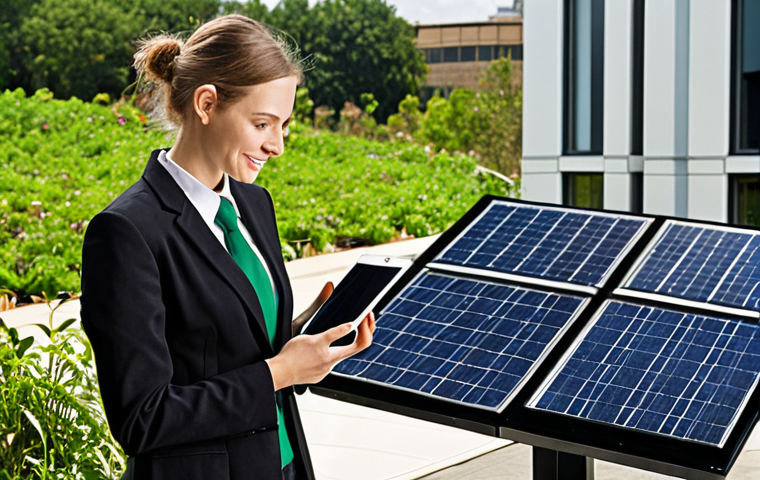 **
A person successfully navigating a career transition towards sustainability. The visual should show a confident individual, perhaps holding a tablet displaying green energy data, with a background subtly merging traditional office settings with elements of nature (solar panels on a building, a rooftop garden). The overall feeling should be positive and empowering, emphasizing the opportunity in sustainable careers. Consider keywords like: "career change," "sustainable development," "transferable skills," "empowerment," "eco-friendly business."
**