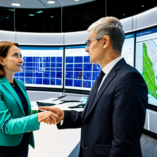 A diverse group of professional urban planners in modest, contemporary business attire, collaborating in a bright, futuristic smart city control center. Large transparent screens display data visualizations of integrated green infrastructure, optimized tram networks, and efficient energy grids. They are pointing at a screen, engaged in a focused, professional discussion, showcasing cross-sector collaboration. Professional photography, high detail, fully clothed, appropriate attire, safe for work, perfect anatomy, correct proportions, natural pose, well-formed hands, proper finger count, natural body proportions, appropriate content, family-friendly.