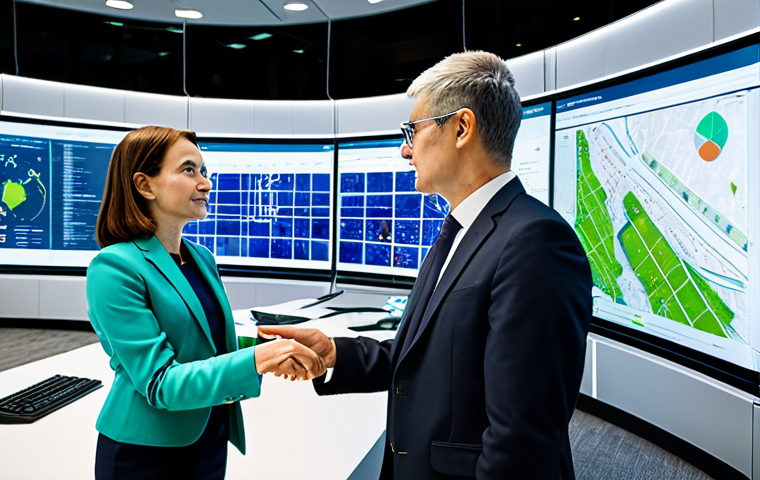 A diverse group of professional urban planners in modest, contemporary business attire, collaborating in a bright, futuristic smart city control center. Large transparent screens display data visualizations of integrated green infrastructure, optimized tram networks, and efficient energy grids. They are pointing at a screen, engaged in a focused, professional discussion, showcasing cross-sector collaboration. Professional photography, high detail, fully clothed, appropriate attire, safe for work, perfect anatomy, correct proportions, natural pose, well-formed hands, proper finger count, natural body proportions, appropriate content, family-friendly.