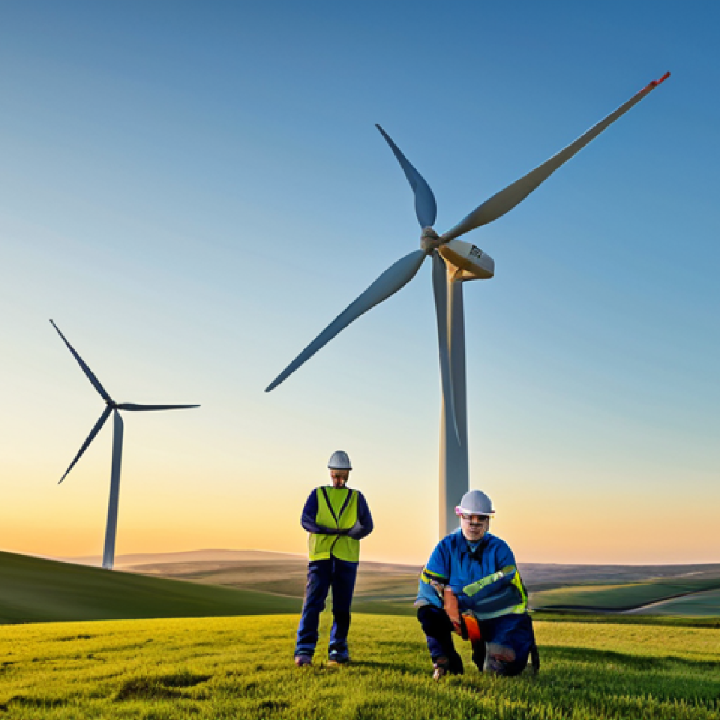 **
"A wind turbine farm at sunset, rolling hills in the background, clear sky, professional photograph, renewable energy concept, fully clothed technicians inspecting equipment, appropriate attire, safe for work, perfect anatomy, natural proportions, high quality, family-friendly."
**