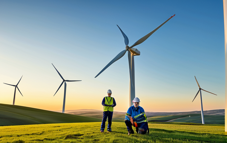 **

"A wind turbine farm at sunset, rolling hills in the background, clear sky, professional photograph, renewable energy concept, fully clothed technicians inspecting equipment, appropriate attire, safe for work, perfect anatomy, natural proportions, high quality, family-friendly."

**