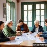 지속가능발전 프로젝트 관리 - A vibrant community workshop scene in a small French town, diverse local people collaboratively disc...
