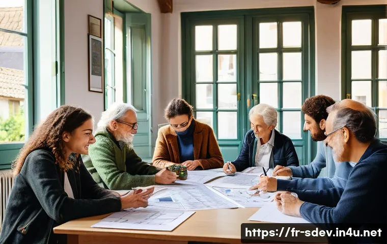지속가능발전 프로젝트 관리 - A vibrant community workshop scene in a small French town, diverse local people collaboratively disc...