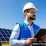 지속가능발전 분야 취업 시장 동향 - A professional renewable energy engineer in a modern French solar power plant setting, wearing smart...