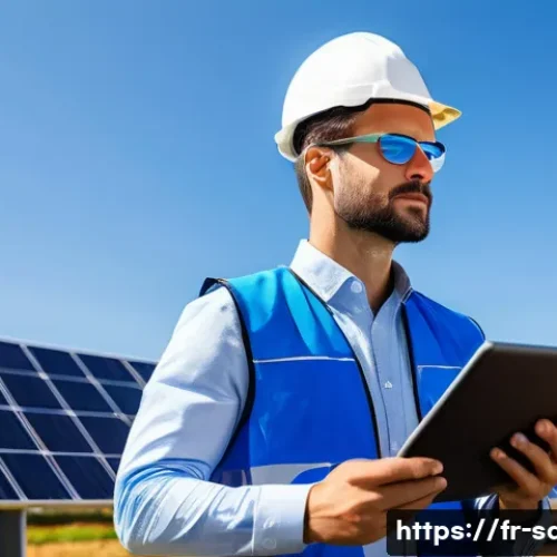 지속가능발전 분야 취업 시장 동향 - A professional renewable energy engineer in a modern French solar power plant setting, wearing smart...
