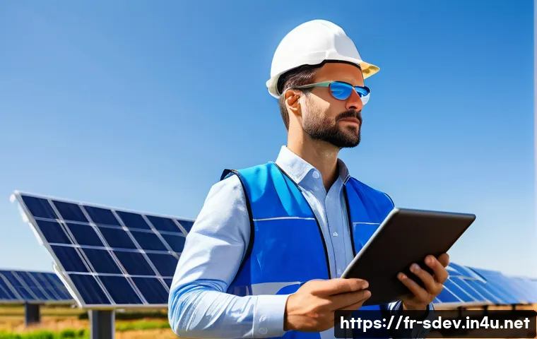 지속가능발전 분야 취업 시장 동향 - A professional renewable energy engineer in a modern French solar power plant setting, wearing smart...